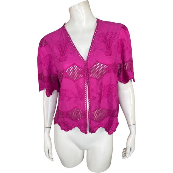 LOGO Lavish by Lori Goldstein Eyelet Lace Cropped Jacket Crushed Berry Small - Picture 1 of 11